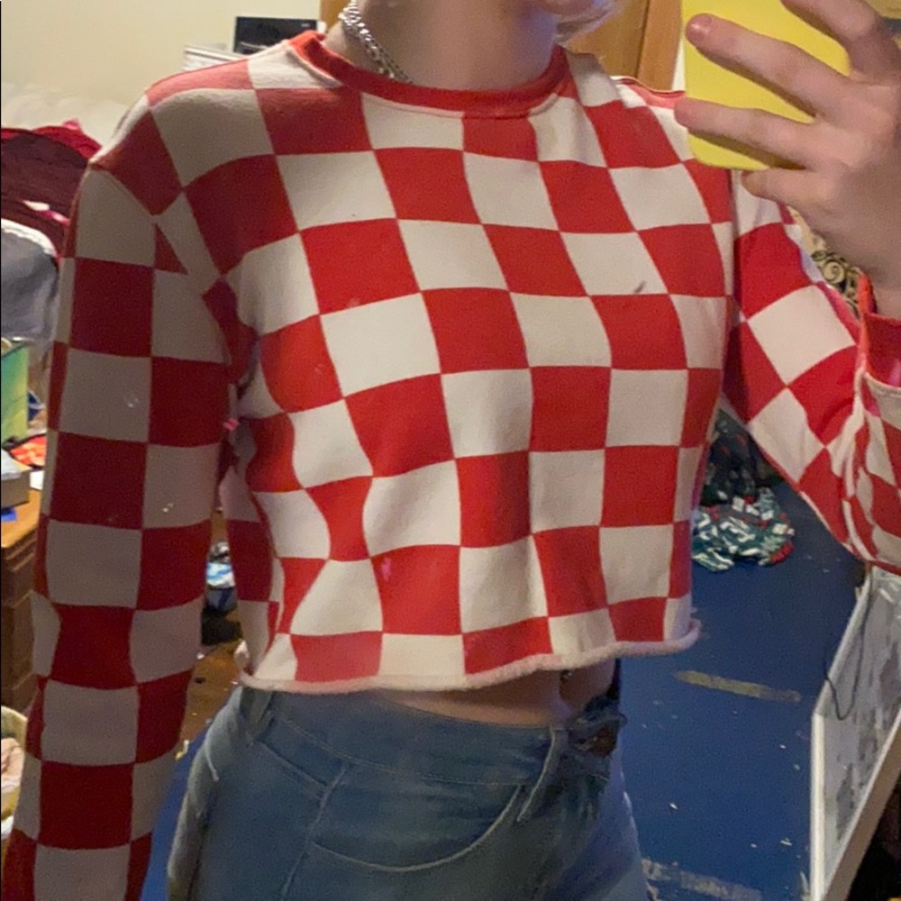 Red and white checkered sweat shirt